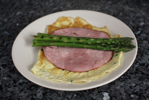 Eggs Ham Asparagus ready to be rolled