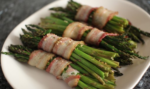 Baked Asparagus Wrapped with Bacon Served