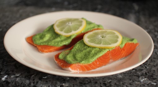 Salmon with Cilantro Garlic Pesto ready to bake