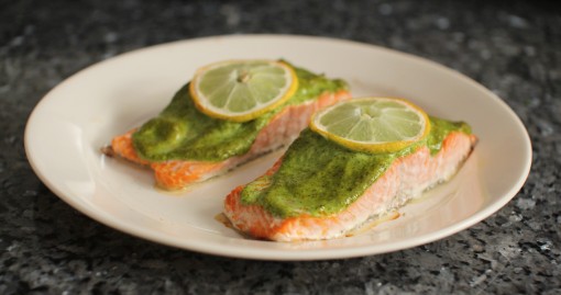 Baked Salmon with Cilantro Garlic Pesto