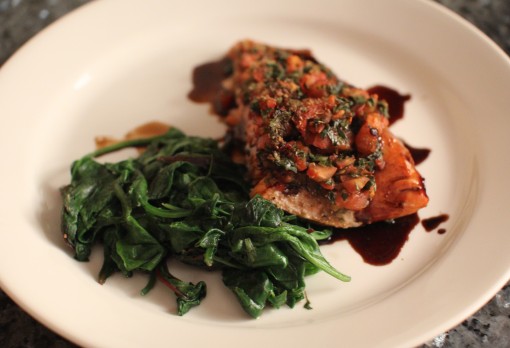 tomato basil salmon with balsamic syrup