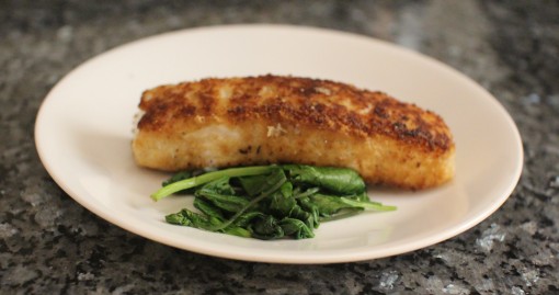 anchovies crusted fish fillet with sautéed greens 