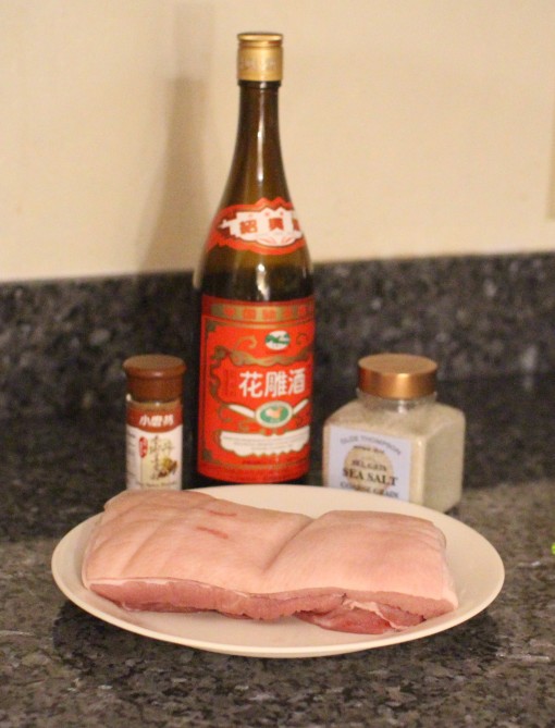 pork belly, cooking wine, five spice powder, coarse salt