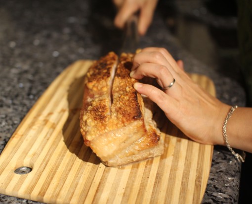 cutting pork belly