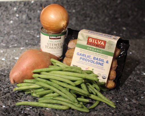 sausage, onion, green beans, tomato, sweet potato