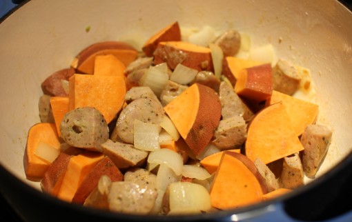onion, sausage, sweet potato