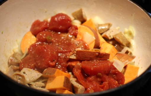 onion, sausage, sweet potato, tomato